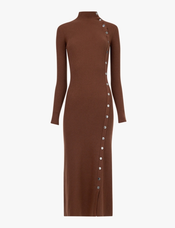High-neck snap-embellished knitted midi dress