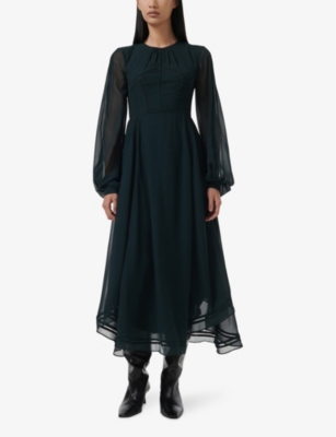 LEEM WOMENS GREEN LADDER-STITCH BALLOON-SLEEVE WOVEN MAXI DRESS 