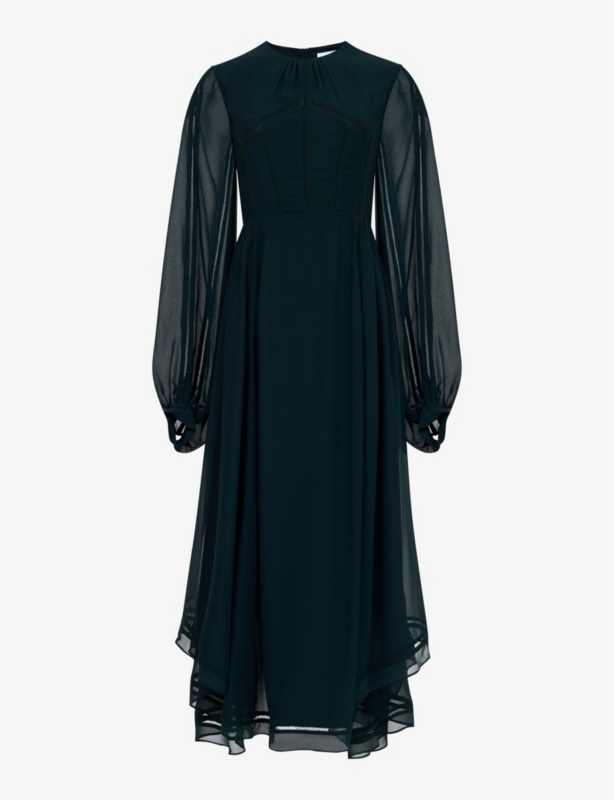 Ladder-stitch balloon-sleeve woven maxi dress