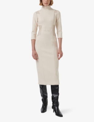 LEEM WOMENS NEUTRALS HIGH-NECK SLIM-FIT PANELLED WOVEN MIDI DRESS XL 
