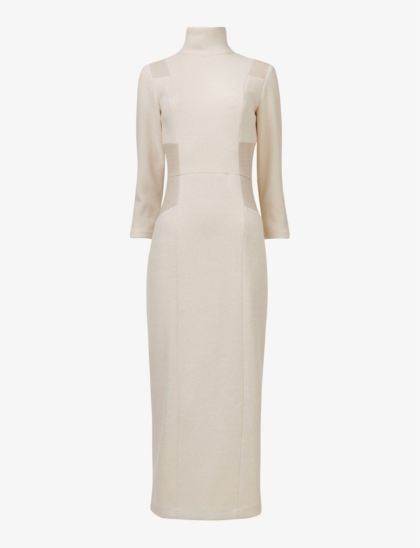 High-neck slim-fit panelled woven midi dress