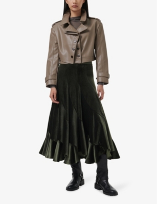 LEEM WOMENS GREEN HIGH-RISE PANEL-DETAIL STRETCH-VELVET MIDI SKIRT XL 