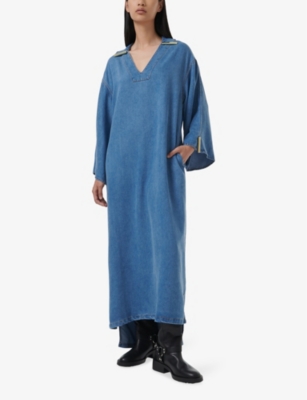 LEEM WOMENS BLUE V-NECK RELAXED-FIT DENIM KAFTAN 