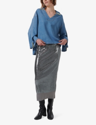 LEEM: V-neck long-sleeve denim top