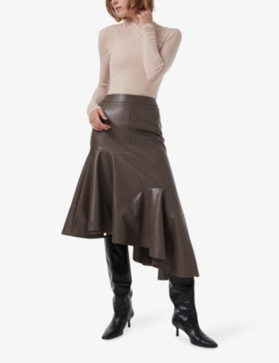 LEEM WOMENS LEEM ASYMMETRIC-HEM HIGH-RISE FAUX-LEATHER MIDI SKIRT 
