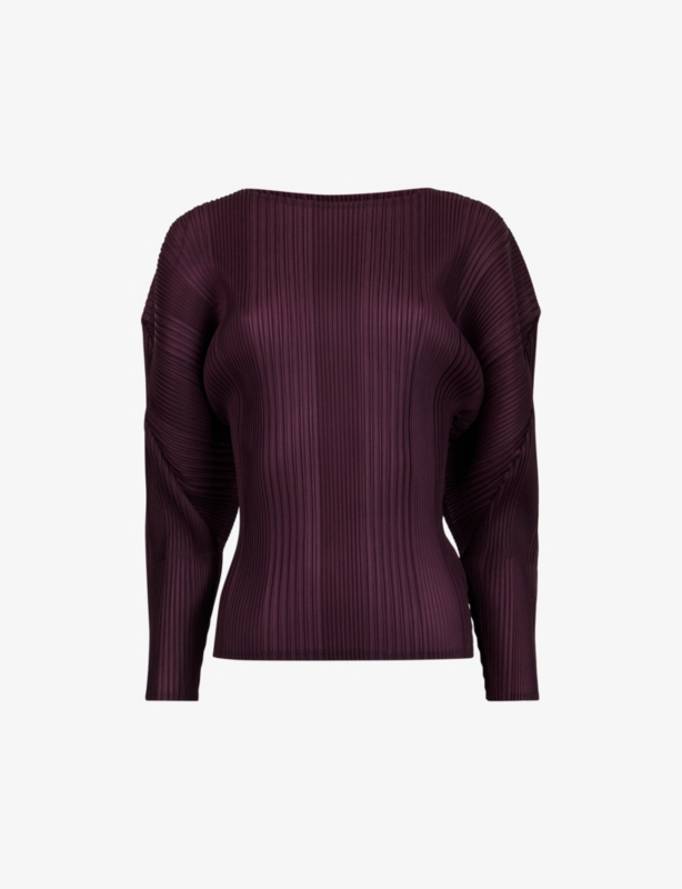 Boat-neck batwing-sleeve plisse woven top