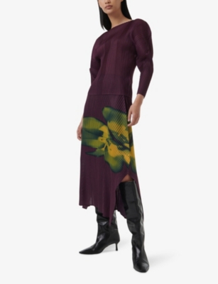 LEEM WOMENS PURPLE GRAPHIC-PRINT HIGH-RISE PLISSE WOVEN MIDI SKIRT 
