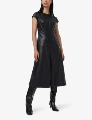 LEEM WOMENS STUD-EMBELLISHED FLARED-HEM FAUX-LEATHER MAXI DRESS BLACK 