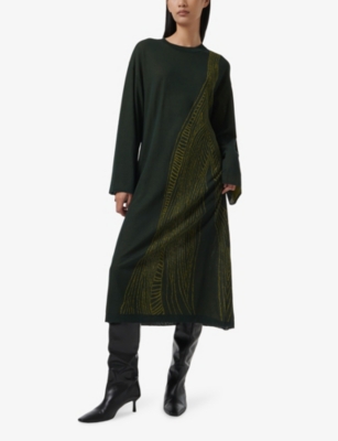 LEEM WOMENS GREEN JACQUARD-PRINT RELAXED-FIT WOVEN MIDI DRESS 