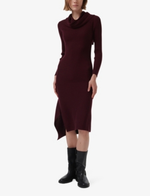 LEEM WOMENS PURPLE COWL-NECK SLIM-FIT KNITTED MIDI DRESS 