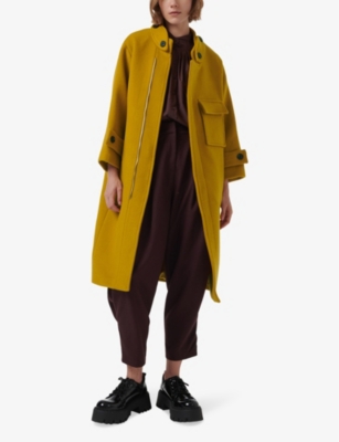 LEEM WOMENS YELLOW FUNNEL-NECK FLAP-POCKET WOOL-BLEND COAT 