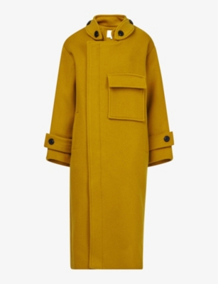 Leem Womens  Funnel-neck Flap-pocket Wool-blend Coat In Yellow