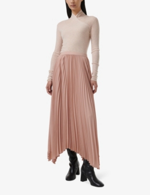 LEEM: High-rise asymmetric-hem pleated woven midi skirt