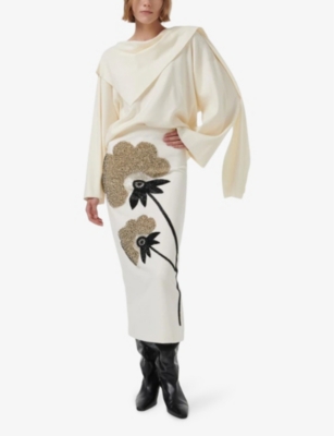 LEEM WOMENS WHITE FLORAL-EMBROIDERED WOVEN MAXI SKIRT 