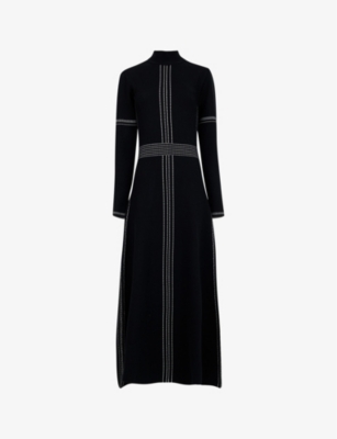 LEEM: High-neck contrast-trim knitted woven maxi dress