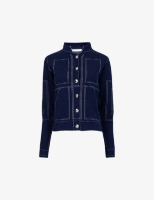 Leem Womens  Contrast-stitch Faux-denim Knitted Top In Blue