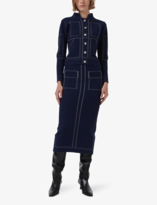 LEEM WOMENS BLUE CONTRAST-STITCH SLIM-FIT KNITTED MIDI SKIRT 