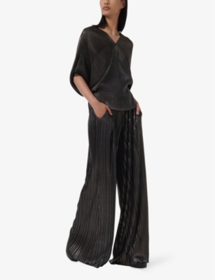 Leem Womens Plisse Elasticated-waistband Wide-leg Mid-rise Trousers Grey In Grey