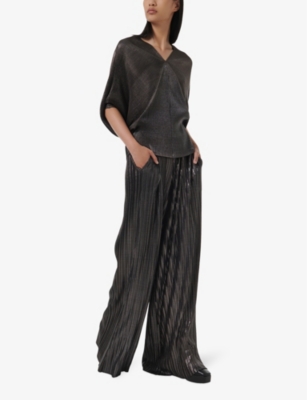 LEEM WOMENS LEEM V-NECK BATWING-SLEEVE PLISSE WOVEN TOP 