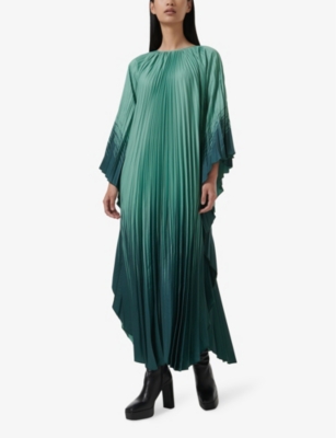 LEEM WOMENS GREEN ROUND-NECK WIDE-SLEEVES PLEATED WOVEN KAFTAN 