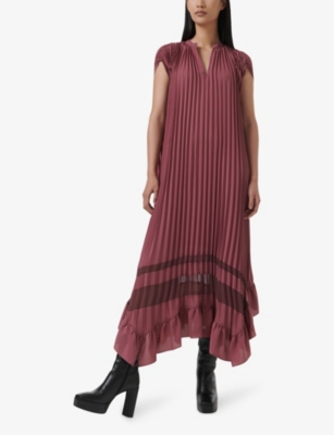 LEEM WOMENS DROPPED-SHOULDER FRILL-HEM PLEATED WOVEN MAXI DRESS RED 