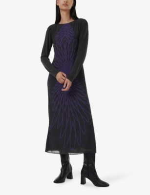 LEEM WOMENS LEEM ABSTRACT-PRINT LONG-SLEEVE WOVEN MIDI DRESS 