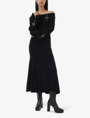 LEEM WOMENS BLACK GODET FLARED-HEM HIGH-RISE JERSEY MIDI SKIRT XL 