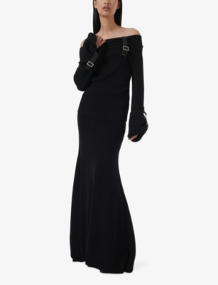 LEEM WOMENS BLACK OFF-SHOULDER SLIM-FIT LONG-SLEEVE KNITTED TOP 