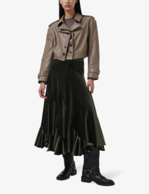 LEEM: Double-collar long-sleeve cropped faux-leather jacket