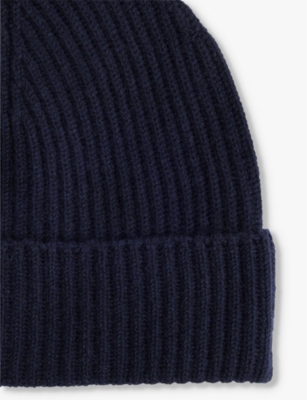 JOHNSTONS MENS DARK NAVY RIBBED FOLDED CASHMERE BEANIE 