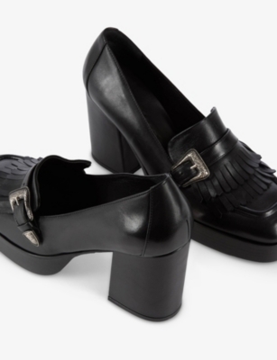 The Kooples Womens Black Buckle-embellished Fringed Heeled Leather Shoes In Black