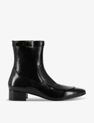 The Kooples Mens Black Topstitch Heeled Patent-leather Ankle Boots