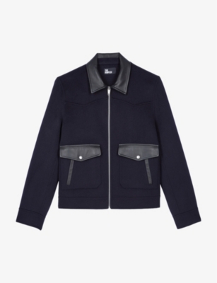 Shop The Kooples Mens Contrast-trim Regular-fit Leather And Wool-blend Jacket Navy