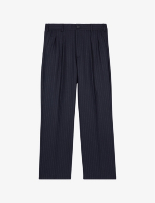 The Kooples Mens Dark Navy Pin-stripe Pleated Straight-leg Wool-blend Trousers