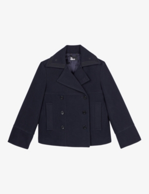 Shop The Kooples Womens  Double-breasted Wool-blend Pea Coat In Dark Navy