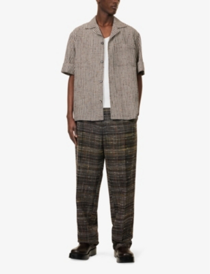 Bottega Veneta Mens Check-print Camp-collar Relaxed-fit Woven-blend-shirt Talc Brown Black In Talc Brown Black