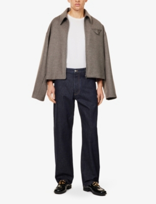 Bottega Veneta Mens Brand-patch Contrast-stitching Wide-leg Regular-fit Wool Trousers Indigo In Indigo
