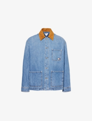 Bottega Veneta Men Blue Jacket With Suede Collar And Logo Patch In Denim Man In Mid Blue