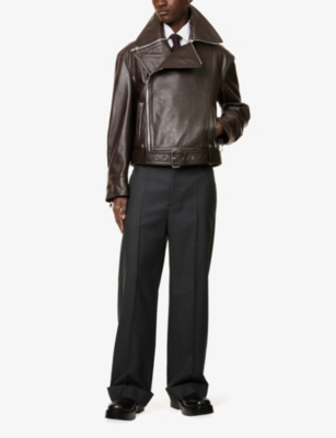 Bottega Veneta Mens Ebony Glossy Belted-hem Leather Biker Jacket In Ebony