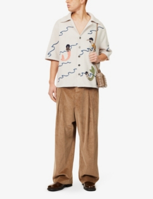 Bottega Veneta Mens  Graphic-embroidery Notch-lapels Relaxed-fit Wool Shirt In Dove Multicolor
