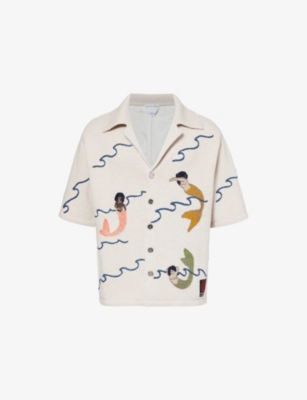 Bottega Veneta Mens  Graphic-embroidery Notch-lapels Relaxed-fit Wool Shirt In Dove Multicolor