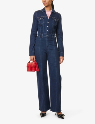 PAIGE WOMENS PEREGRINE SASHA LONG-SLEEVES STRAIGHT-LEG STRETCH-DENIM BLEND JUMPSUIT 