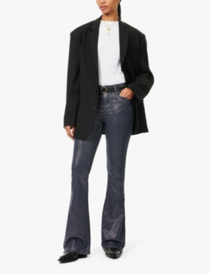 PAIGE WOMENS NAVY/SILVER LUXE COATING LOU LOU GLITTER STRAIGHT-LEG HIGH-RISE WOVEN-BLEND TROUSERS 