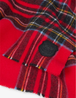 THE KOOPLES WOMENS CHECK-PATTERN LOGO-PATCH WOOL SCARF RED 