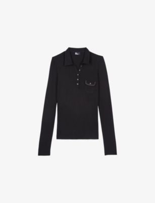 The Kooples Womens Black Patch-pocket Slim-fit Long-sleeve Woven Polo