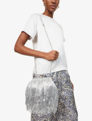 WEEKEND MAX MARA OMENS WEEKEND MAX MARA PASTICCINO SEQUIN-FRINGE SMALL SATIN CLUTCH BAG 