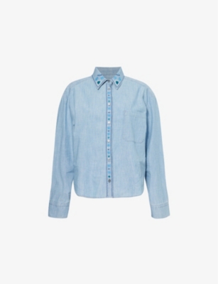 WEEKEND MAX MARA OMENS NAVY MUSETTE EMBROIDERED-COLLAR COTTON CHAMBRAY SHIRT