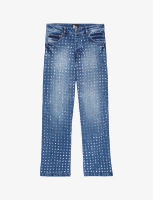 The Kooples Mens Blue Bleached / Navy Stud-embellished Relaxed-fit Stretch-denim Jeans