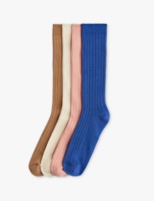 H&m Adorables Kids' Ribbed Knee-high Pack Of Four Stretch Organic Cotton-blend Socks In Blue