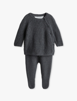 H&m Adorables Round-neck Drawstring-waistband Two-piece Cashmere-blend Set 0-6 M In Grey
